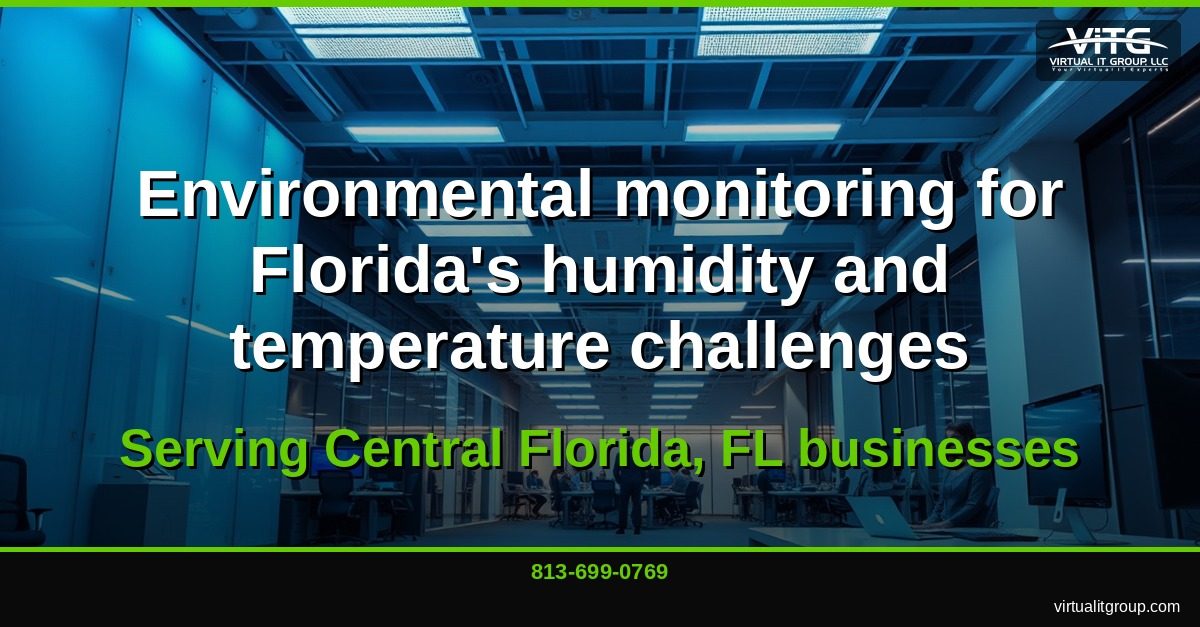 Central Florida business district with modern office buildings showing enterprise IT infrastructure monitoring dashboard overlay