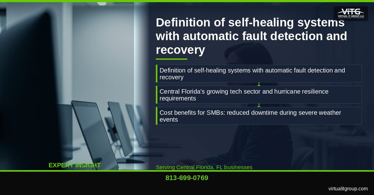 Central Florida business owner reviewing self-healing IT system implementation plan with International Green Team consultant